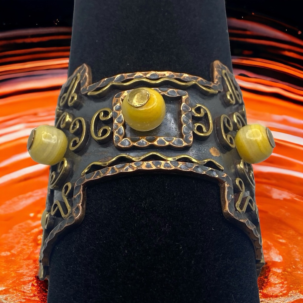 Vintage 1950s Mexico Casa Maya Hammered Copper Modernist Cuff Bracelet Pin Clasp